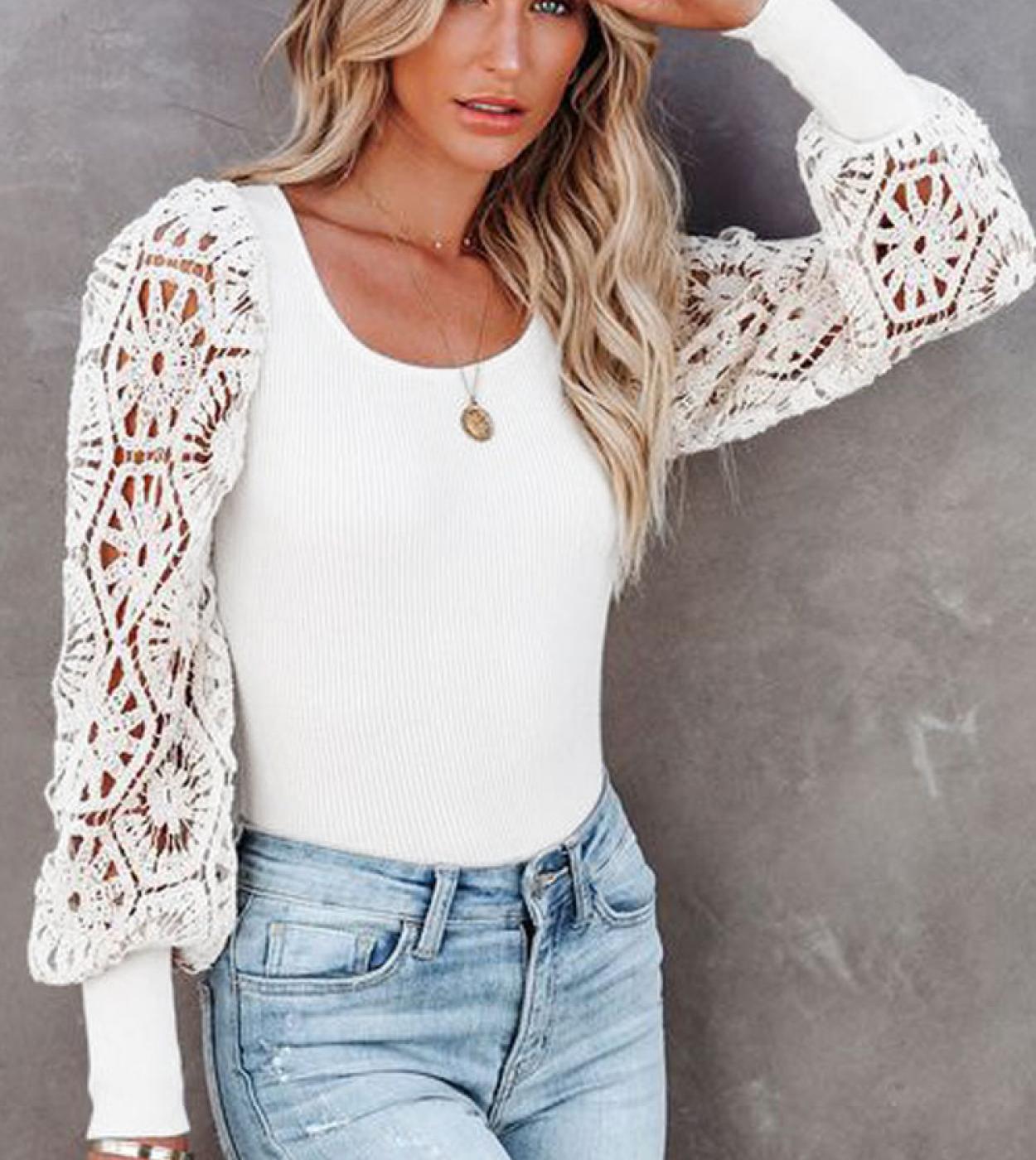 Elegant Fashion Lace Long Sleeve Pullover Women Tshirt Autumn Hollow Out White Y2k Tops Casual O Neck Vintage Tee Shirts