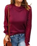 Autumn Vintage Waffle Blouses Fashion Elegant Round Neck Hollow Long Sleeve Casual Tee Tops Lace Stitching Women Tshirt 