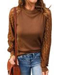 Autumn Vintage Waffle Blouses Fashion Elegant Round Neck Hollow Long Sleeve Casual Tee Tops Lace Stitching Women Tshirt 