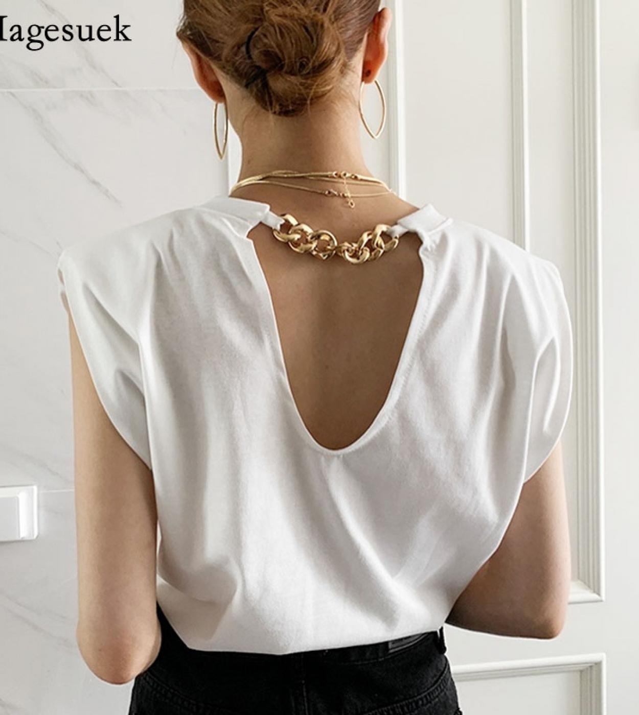  Backless Tops Tshirt Elegant White Tees Fashion Sleeveless Vests Female Chain O Neck Tshirt Shoulder Pads Blusas 15521 