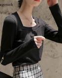  Autumn Solid Pullover  Shirts Women French Retro Slim Fit Square Collar Long Sleeve Knitted Jumper Blouse Blusas 11199t