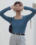  Autumn Solid Pullover  Shirts Women French Retro Slim Fit Square Collar Long Sleeve Knitted Jumper Blouse Blusas 11199t