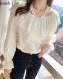 Elegant Ruffle Stitching Women Shirts Blouses Hollow Out Flare Long Sleeve Apricot Blouse Women Loose V Neck Top Female 