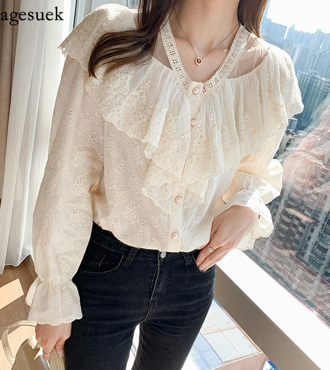 Elegant Ruffle Stitching Women Shirts Blouses Hollow Out Flare Long Sleeve Apricot Blouse Women Loose V Neck Top Female 