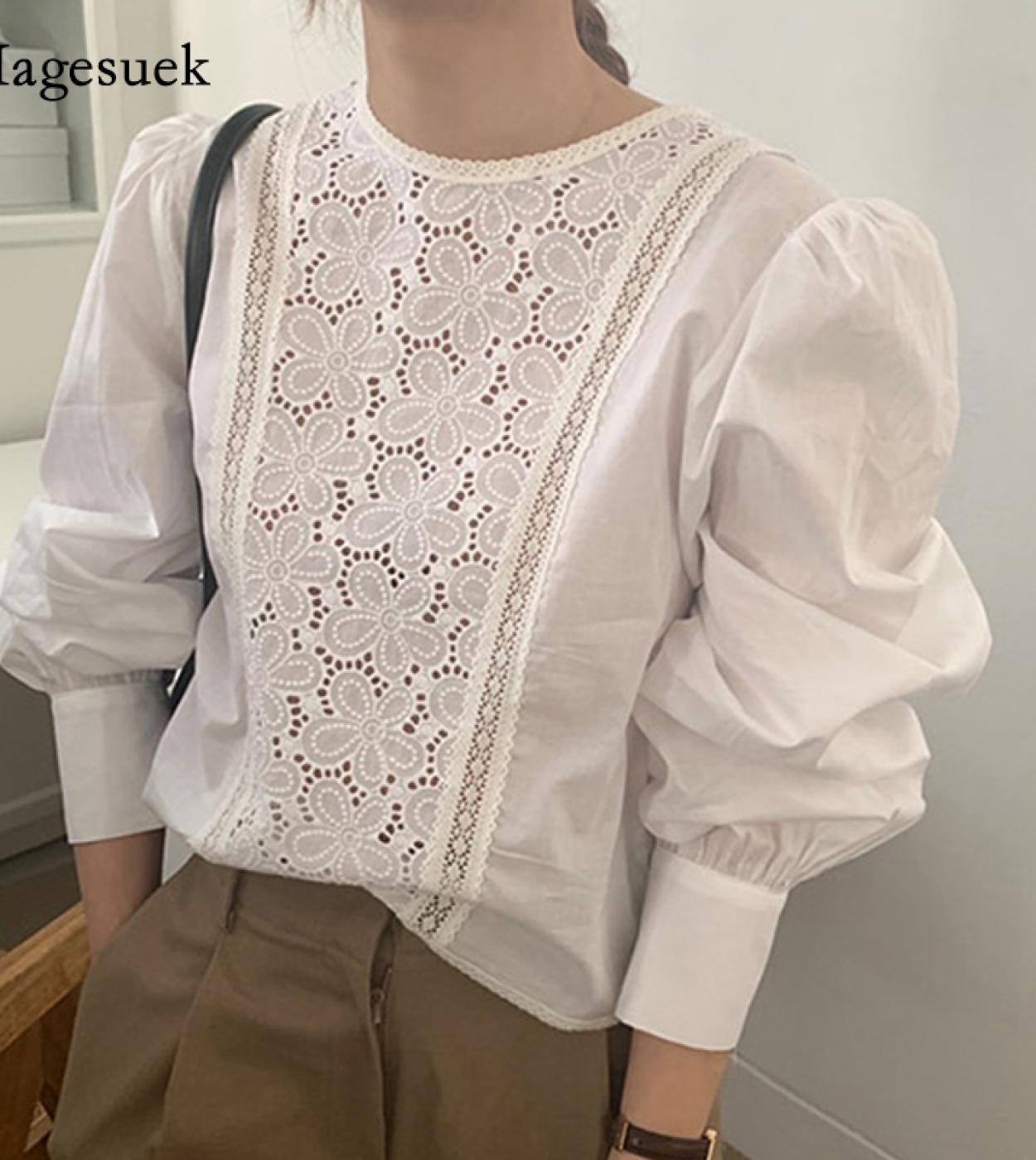 Fashion O Neck Women Blouse Spring Hollow Out Floral White Ladies Shirts Lantern Sleeve Office Shirt New Female Clothing