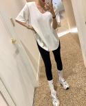  Loose Shortsleeved Tshirt Summer New Ins Style Split Arc Design Wild Round Neckbottoming Tshirt Solid Color Tee 13554  