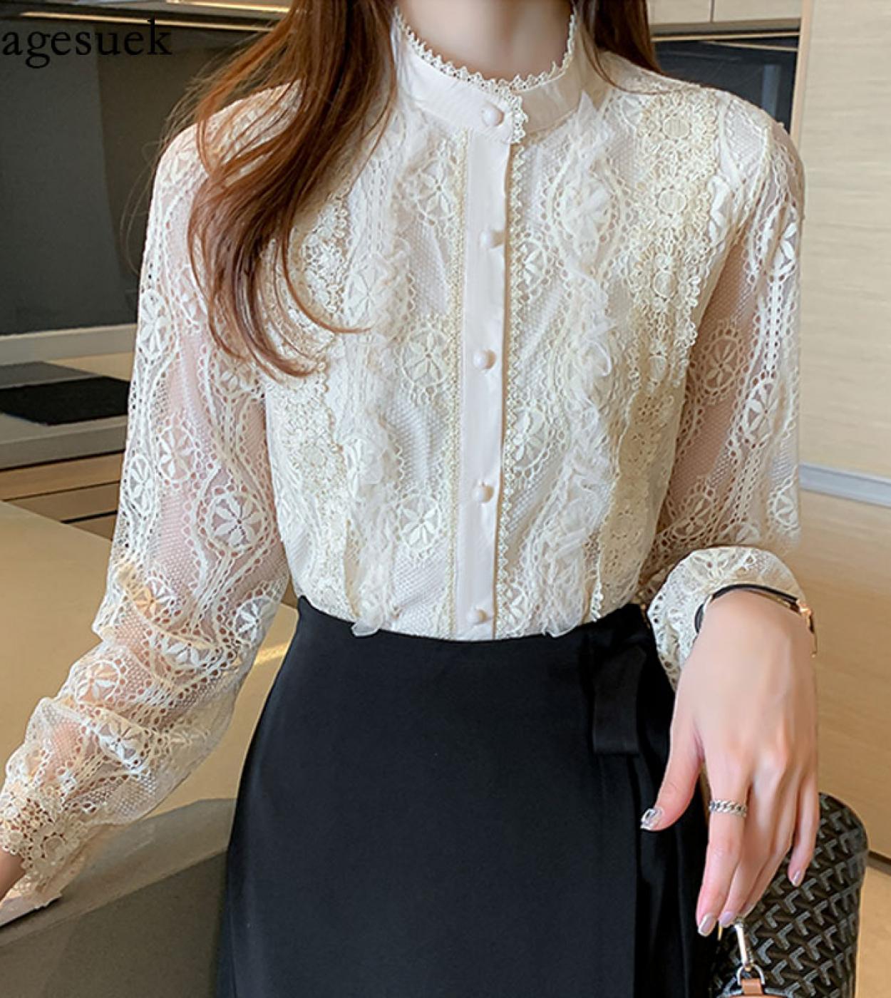 Autumn  Style Shirts For Women Long Sleeve Loose Elegant Woman Top New Stand Collar Flower Hollow Lace Blouse Blusas 168