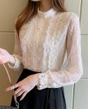 Autumn  Style Shirts For Women Long Sleeve Loose Elegant Woman Top New Stand Collar Flower Hollow Lace Blouse Blusas 168
