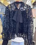 Bow Collar Elegant See Through Chiffon Blouse Fashion  Women Long Sleeve Tops Loose Sweet Spring Lace Stitching Shirts 2