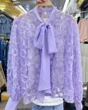 Bow Collar Elegant See Through Chiffon Blouse Fashion  Women Long Sleeve Tops Loose Sweet Spring Lace Stitching Shirts 2