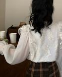 Spring Bow Lace Stitched Women Tops  New Puff Sleeve Chiffon Office Lady Floral Shirts For Women Casual White Blouse 135
