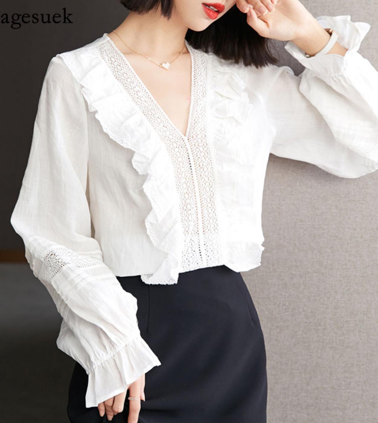 Elegant White Blouse For Women Lantern Sleeve Loose V Neck Ruffle Blouse Casual Sweet Shirts Hollow Out Long Sleeve Tops