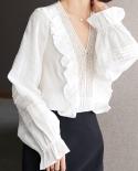 Elegant White Blouse For Women Lantern Sleeve Loose V Neck Ruffle Blouse Casual Sweet Shirts Hollow Out Long Sleeve Tops