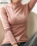 Elegant Women Tops Bright Line Pullover Blouse Solid Slim Halfhigh Collar Bottoming Shirt Autumn Long Sleeve Tshirt 1121