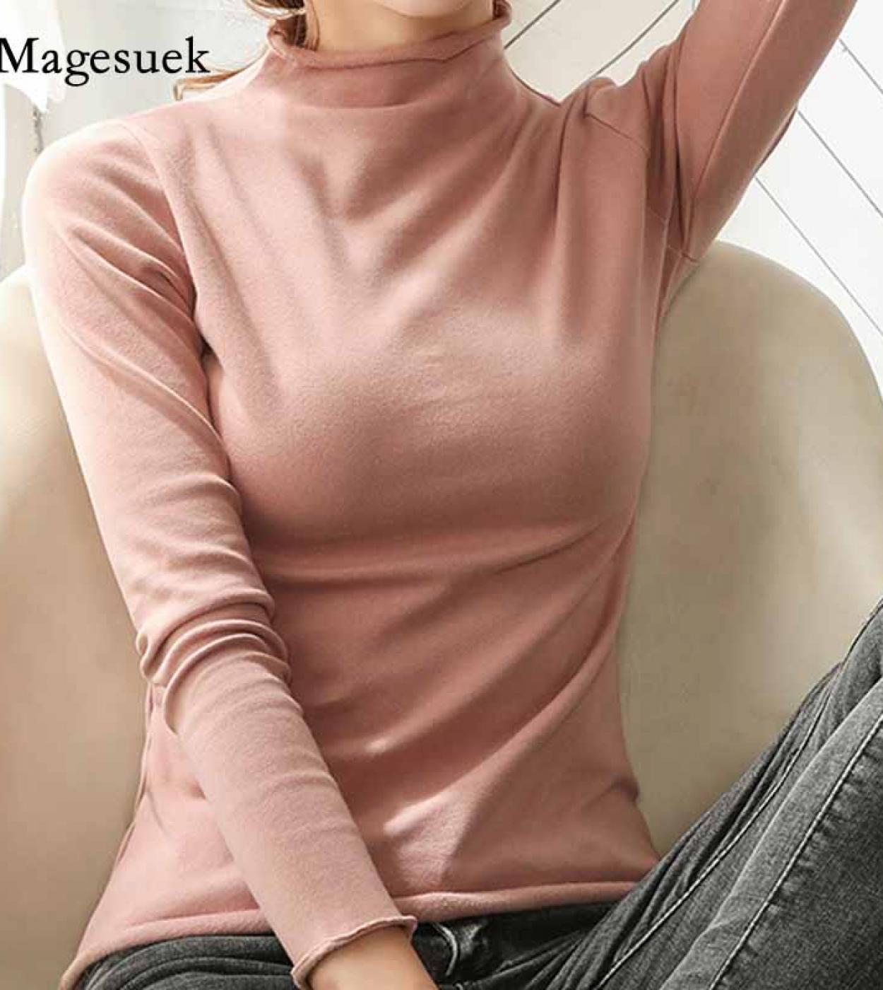 Elegant Women Tops Bright Line Pullover Blouse Solid Slim Halfhigh Collar Bottoming Shirt Autumn Long Sleeve Tshirt 1121
