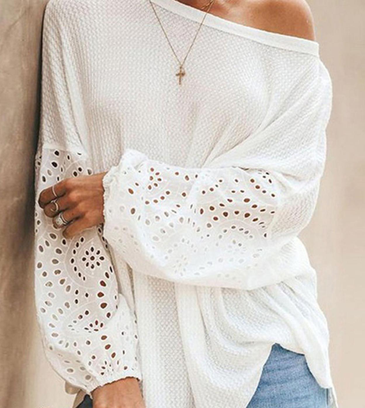 Off Shoulder Long Sleeve T Shirts For Women White Hollow Out Causal Blouse Loose Fashion Skew Collar Tops Tees Clothes 2
