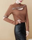 Elegant Female Solid Color Bottoming Pullover Slim Shirt Halfcollar Hollow Long Sleeve Blouse Women  Autumn Tshirt 11487