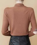 Elegant Female Solid Color Bottoming Pullover Slim Shirt Halfcollar Hollow Long Sleeve Blouse Women  Autumn Tshirt 11487