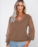 Fashion Hollow Out Lace Sleeve Blouse V Neck Women Pullover Blusas Top Mujer Autumn Female T Shirt Loose Women Clothing 