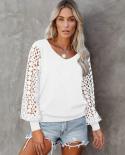 Fashion Hollow Out Lace Sleeve Blouse V Neck Women Pullover Blusas Top Mujer Autumn Female T Shirt Loose Women Clothing 