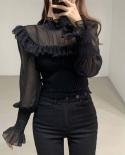 Causal Pleated Knit Ruffle Blouse Women Elegant Turtleneck Winter Top Autumn   Fashion Slim Chiffon Shirt Blusas 16481bl