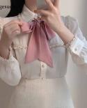 Women Solid Color Long Puff Sleeve Tops Women Pearl Button Cardigan Shirts Sweet Tassel Lace Splice Bow Tie Blouse Blusa