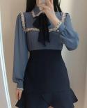Women Solid Color Long Puff Sleeve Tops Women Pearl Button Cardigan Shirts Sweet Tassel Lace Splice Bow Tie Blouse Blusa