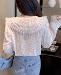 Womens Blouse  Fashion Big Lapel Beading White Womens Long Sleeve Top Elegant Flower Blouse With Lace Chiffon Shirts 1