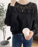 Hollow Embroidery Lace Stitching Blouse Women Long Sleeve Tshirt Autumn Vintage Oneck Shirt Loose Elegant Top Blusas 169