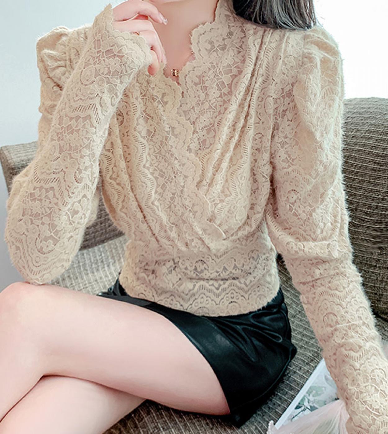Autumn V Neck Lace Pleated Sweet Blouse Puff Long Sleeve Women Tops Elegant Crochet Lady Short Shirts White Blusas Mujer