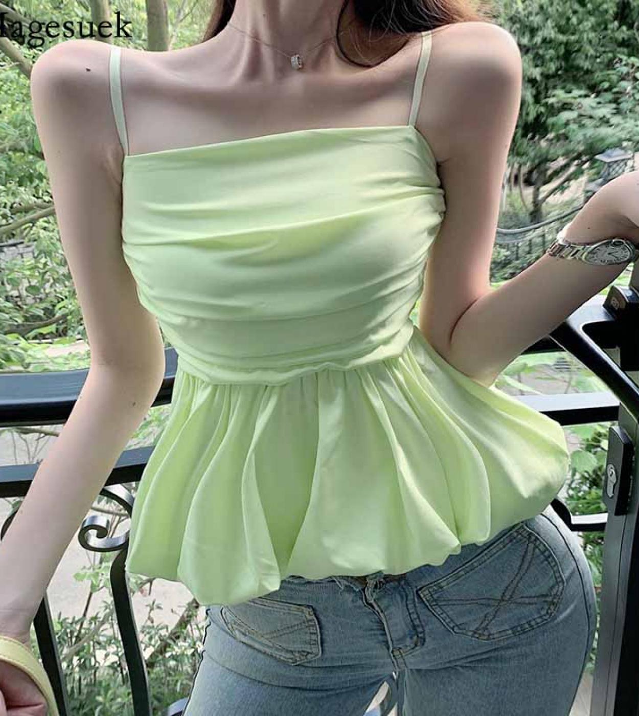  Slim Super Short Female Shirts Green Tank Top Summer Top Female Solid Color Crop Top Women  Clothing Ropa Mujer 10184ca