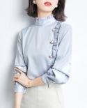  Loose Slim Blouse Women Elegant Stand Collar Ruffled Ladies Shirts Spring Chiffon Shirt Long Sleeve Buttons Tops 13201 