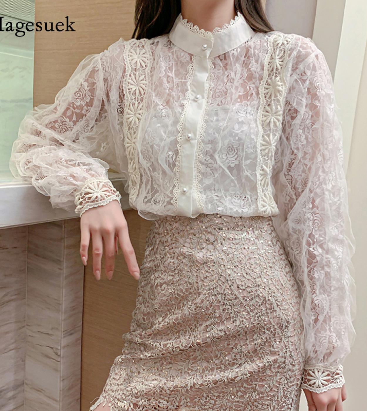   Lace Stitching Shirt Retro Palace Style Romantic Pearl Button Top Female Long Sleeve Standcollar Women Blouse 12929  B
