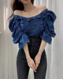 Summer  Denim Women Tops   Slash Neck Offshoulder Blue Blouse Women Short Sleeve Chic Pleated Loose Shirt 14520  Women B