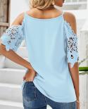 Elegant Short Lace Sleeve Vneck Blouse Women Summer 2023 Hollow Out Off Shoulder  Tshirts Loose Lady Casual Tee Tops 261