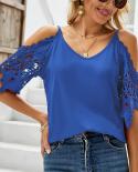 Elegant Short Lace Sleeve Vneck Blouse Women Summer 2023 Hollow Out Off Shoulder  Tshirts Loose Lady Casual Tee Tops 261