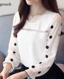 Fashion Sweet Oneck Black Dot White Women Blouse Long Sleeve Shirt  Chiffon Womens Clothing Feminine Tops Blusas D383 3