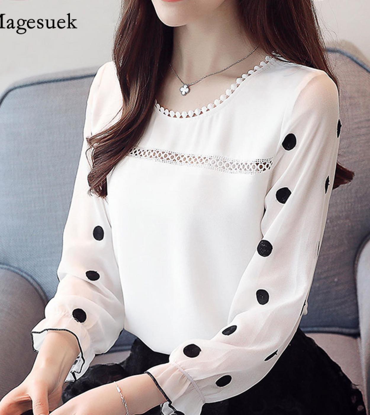 Fashion Sweet Oneck Black Dot White Women Blouse Long Sleeve Shirt  Chiffon Womens Clothing Feminine Tops Blusas D383 3