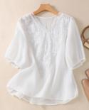 V Neck Summer Simple Lace Shirts Embroidery Flower Cotton Blouse Women Short Sleeve Ethnic Style Ladies Loose Casual Top