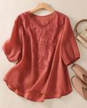 V Neck Summer Simple Lace Shirts Embroidery Flower Cotton Blouse Women Short Sleeve Ethnic Style Ladies Loose Casual Top