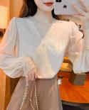 2022 Vneck Lace Ladies Shirt Spring Fashion Lantern Long Sleeve Apricot Top Women Flower Lace Sleeve Loose Chiffon Blous