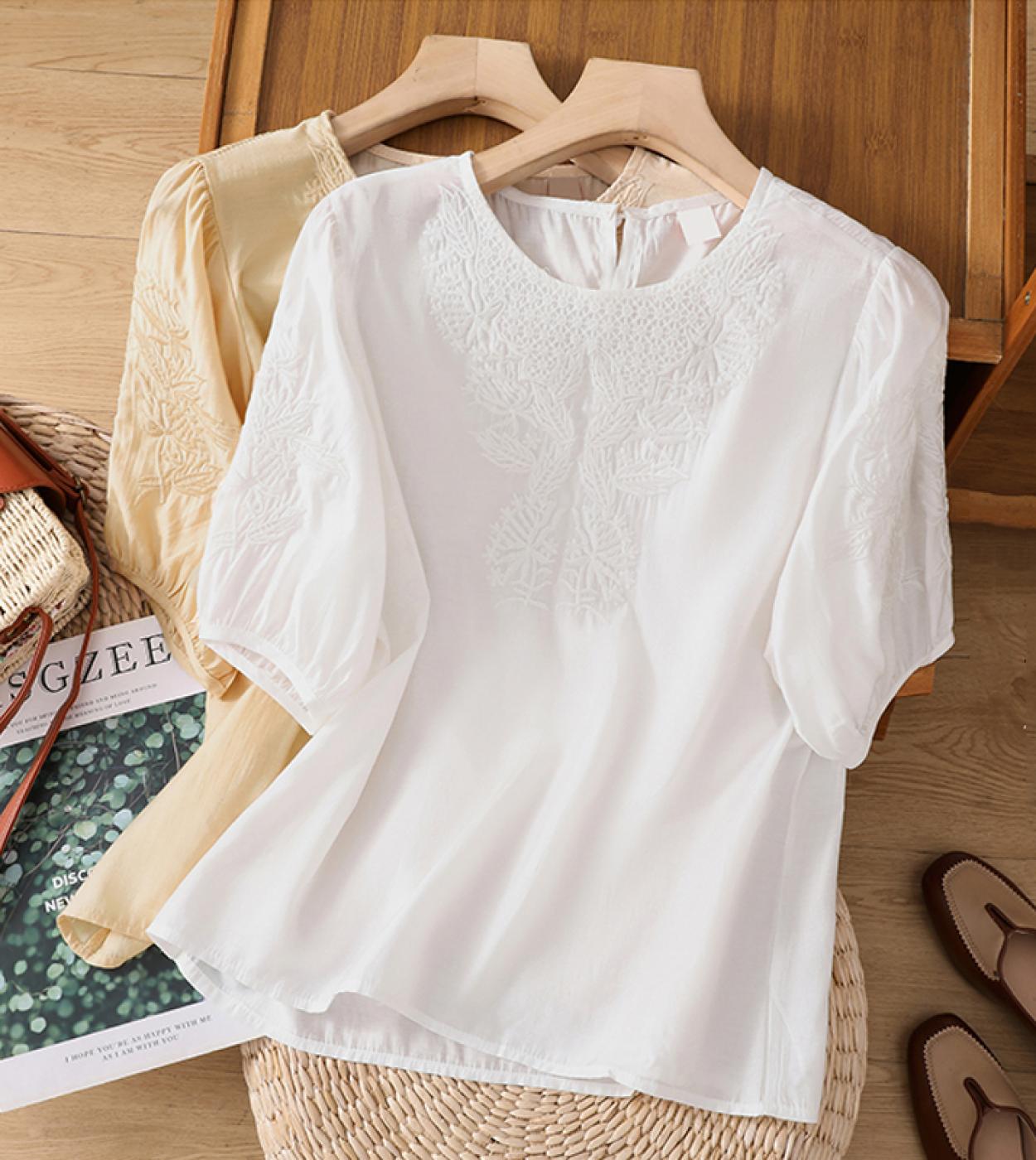 Summer Simple Embroidered Blouse Women Elegant Loose Ethnic Style Short Sleeve Tops Mujer O Neck Casual Lace Ladies Shir