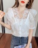  Summer V Neck Lace Shirt Fashion Short Sleeve Ruffle Stitching Sweet Women Tops With Suspenders  Crochet Blouse 14507  