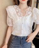  Summer V Neck Lace Shirt Fashion Short Sleeve Ruffle Stitching Sweet Women Tops With Suspenders  Crochet Blouse 14507  