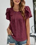 Fashion Summer Blouse Elegant Jacquard 2023 Women Petal Short Sleeve O Neck Shirts Loose Office Tops Casual T Shirt Blus