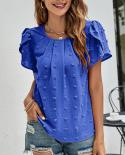 Fashion Summer Blouse Elegant Jacquard 2023 Women Petal Short Sleeve O Neck Shirts Loose Office Tops Casual T Shirt Blus