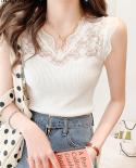 Women Camisole Lace Blouse Sweet Hollow Casual Slim Sleeveless Tshirt V Neck Knitted Cotton Bottoming Shirt  Top 19411  