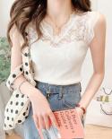 Women Camisole Lace Blouse Sweet Hollow Casual Slim Sleeveless Tshirt V Neck Knitted Cotton Bottoming Shirt  Top 19411  