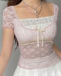 Vintage Sweet Square Collar Lace Blouse Short Sleeve Pink Trim Crop Top Bow Cute Y2k Lace Women Summer Tee  Tshirts Blus