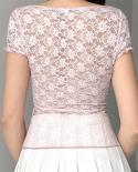 Vintage Sweet Square Collar Lace Blouse Short Sleeve Pink Trim Crop Top Bow Cute Y2k Lace Women Summer Tee  Tshirts Blus